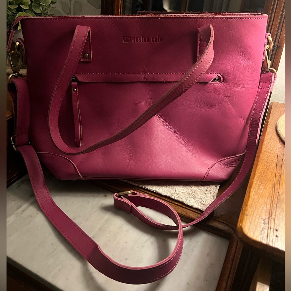 WESTON COLE Full Grain Buffalo Leather Zip Top Laptop Tote Adjustable Strap Pink